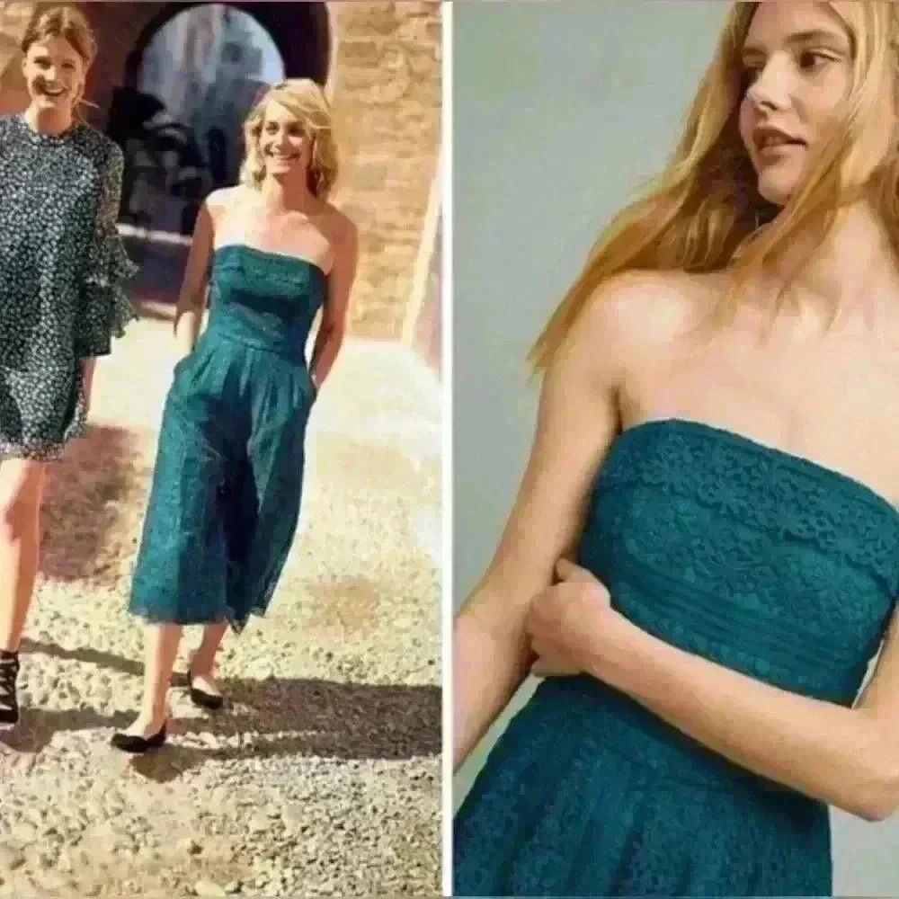 Greylin | Teal Crochet “Stowe” Strapless Jumpsuit - Picture 2 of 9